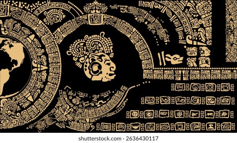 Illustration of the planet earth framed by signs and symbols of the ancient Mayan peoples on a black background.  Outlines of the continents of America.Writing of the ancient peoples.
