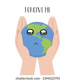 Illustration of the planet earth in the hands of man. Vector style. Green movement. Save the earth. Upset cartoon Earth needs help.