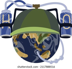 Illustration of the planet Earth in a helmet with a drink mount. Vector image of a planet that drinks water from aluminum cans. Planet earth in a stadium helmet.