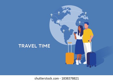 Illustration of planet earth on the background and couple in love with suitcases they are going to vacation. Journey of two tourists.