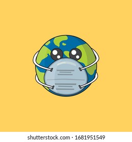 
Illustration planet earth is protected from coronavirus, cartoon icon masked planet with eyes, little disease