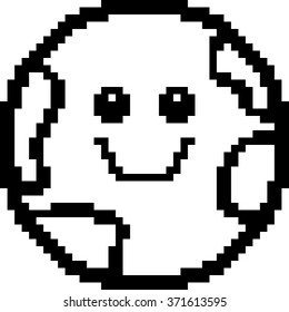 An illustration of a planet earth smiling in an 8-bit cartoon style.