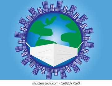 Illustration of planet earth with surrounding cities and mask protection against Corona virus 