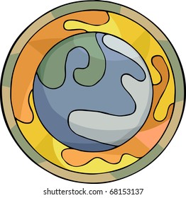 Illustration of the planet Earth and the trapped greenhouse gases in Meso-American style and composition.