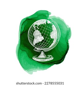 Illustration of planet earth with watercolor splashes and ink strokes on white background. The object is separate from the background. Vector element for your creativity