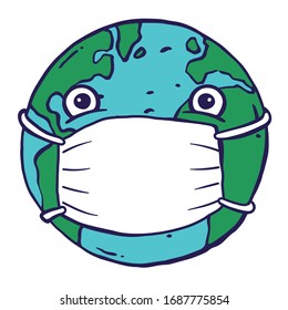 An illustration of the planet earth wearing a face mask and looking worried as Corona virus lingers. Vector illustration. 