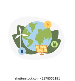 Illustration of planet full of energy from natural resources. Solar panel, windmill and green electricity. Energy from natural resources. Environment conservation and ecosystem. Vector