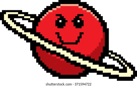An illustration of a planet looking evil in an 8-bit cartoon style.