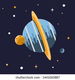 Illustration of a planet and moons in space with shining stars 