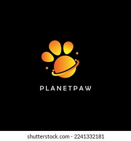 Illustration of planet with paw foot cat or dog animal. Planet pet concept vector logo.