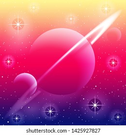  illustration of a planet with a ring and two moons, in highly saturated bright colors. 