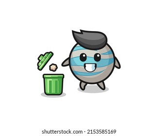 illustration of the planet throwing garbage in the trash can , cute design