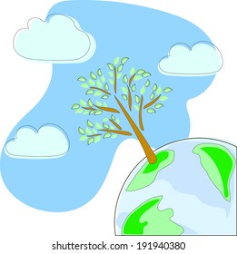 Illustration of the planet, tree and clouds. Theme of the problem of ecology. Vector abstract illustration