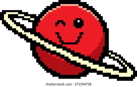 An illustration of a planet winking in an 8-bit cartoon style.