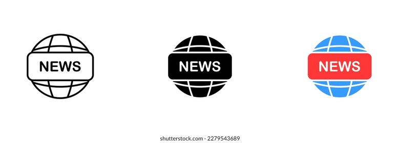 An illustration of a planet with the word NEWS overlaid, representing global news or world events. Vector set of icons in line, black and colorful styles isolated.