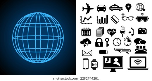 Illustration einer Planetensphäre mit einer Sammlung von Symbolen von Objekten, die mit dem Internet verbunden sind (IOT), die während Ihrer Reisen verwendet werden: Auto, Tchat, Wi-Fi, Computer usw.