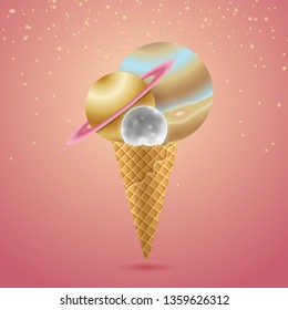 Illustration of Planets as Ice Cream Scoops on Cone on pink gradient background with stars