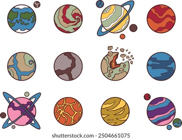 Illustration of planets of solar system set elements with earth, mars, and others. 