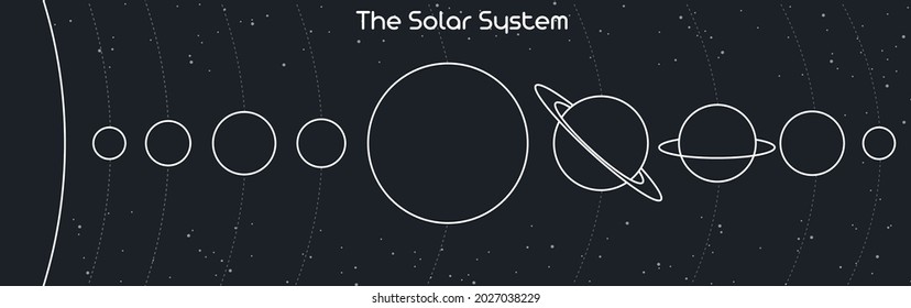 Illustration of the planets of the Solar system and their orbits around the sun. Abstract outline vector planets and stars isolated on dark gray background