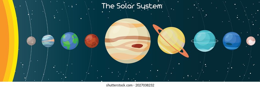 Illustration of the planets of the Solar system and their orbits around the sun. Bright colorful cartoon vector planets and stars isolated on dark blue and green gradient background