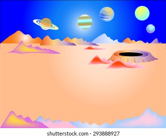 An illustration of a planets surface with craters and rocks and mountains. There are colorful planets in the background 