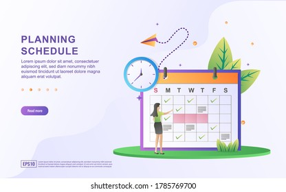 Illustration of planning schedule with clock and people planning a schedule.