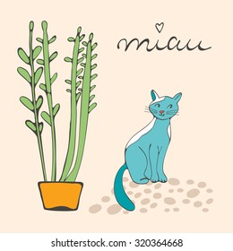 Illustration of plant and a cat playing with ball of wool. Illustration in vector format