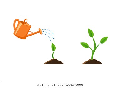 illustration with plant growth. Sprout in the ground. Orange watering pot. Flat style, Images for banners, websites, designs.