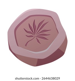 Illustration of plant leaf fossil on brown stone. Ancient plant. Paleontology. Archaeological excavations. Vector icon. Isolated background. Flat style.