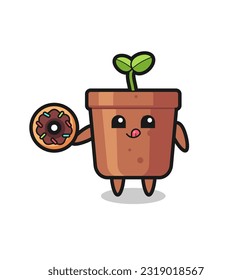 illustration of an plant pot character eating a doughnut , cute style design for t shirt, sticker, logo element