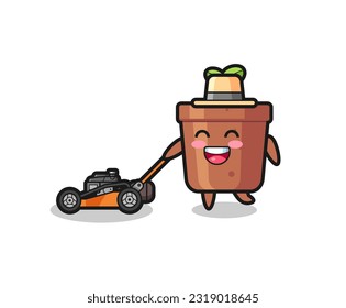 ilustración del personaje de la maceta de planta usando cortadora de césped , diseño de estilo lindo para camiseta, pegatina, elemento logotipo