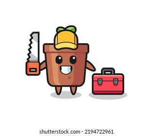 Illustration of plant pot character as a woodworker , cute style design for t shirt, sticker, logo element