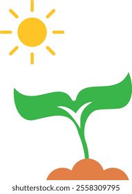 Illustration of a plant sprout growing from soil with the sun shining above, featuring two green leaves and a brown mound of soil