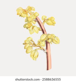 Illustration of a plant with yellow leaves on a pink stem. The plant's leaves are detailed and vibrant, showcasing a unique botanical design. Vintage botanical illustration vector.