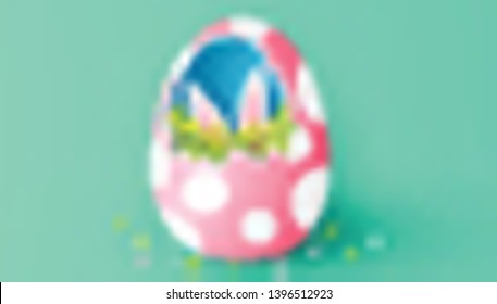 Illustration of planting grass in broken Easter egg and a rabbit behind. Creative design for Easter. paper cut and craft. vector, illustration.