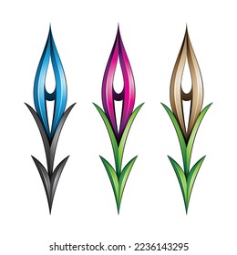 Illustration of Plant-like Glossy Spiky Arrow Shapes in Magenta Beige and Green Colors isolated on a White Background