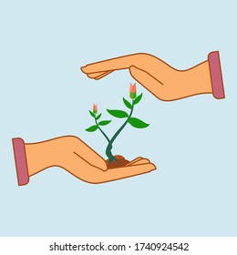
illustration of plants and hands, in a flat style. illustration of planting trees.