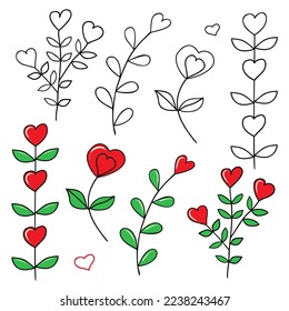 Illustration plants and leaves   hearts  A set vector black   color illustrations for Valentine's Day  birthday  March 8  Illustrations in the doodle style 