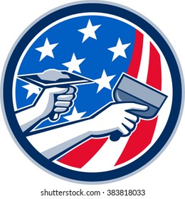 Illustration of a plasterer hand repair drywall with putty knife and holding a hawk with plaster set inside circle with American USA stars and stripes flag done in retro style. .