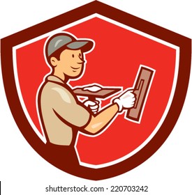 Illustration of a plasterer masonry tradesman construction worker standing with trowel looking to the side set inside shield crest shape on isolated background done in cartoon style.