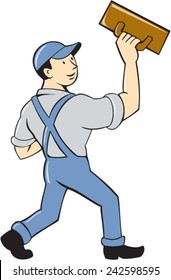 Illustration of a plasterer masonry tradesman construction worker standing with trowel looking to the side viewed from rear set on isolated white background done in cartoon style. 