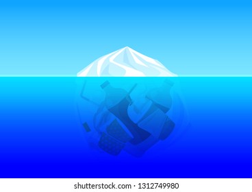illustration plastic bag environment pollution with iceberg mountain glacier and trash garbage waste underwater ocean, concept dangerous from plastic bag and pollution environment ocean sea or river