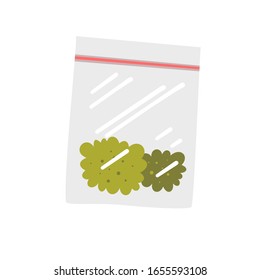 Ilustración de una bolsa de plástico con hierba. Dibujo vectorial de una pequeña bolsa de plástico con marihuana se cuelga.