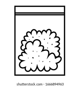 Illustration of plastic bag with weed. Vector cartoon image of small plastic bag with marijuana buds in.