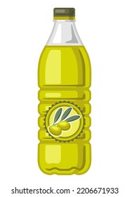 Illustration of plastic bottle with olive oil. Image for culinary and agriculture.