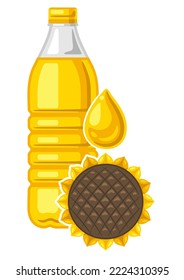 Illustration of plastic bottle with sunflower oil. Image for culinary and agriculture.