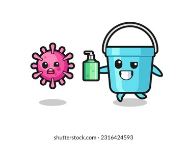 illustration of plastic bucket character chasing evil virus with hand sanitizer , cute style design for t shirt, sticker, logo element