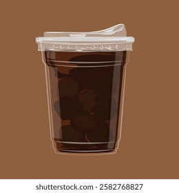 Illustration of a plastic cup filled with iced coffee. The iced coffee is dark and rich, with ice cubes visible. The plastic cup has a clear lid. Iced coffee drink. Aesthetic vector illustration.