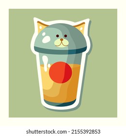 Illustration of plastic cup for soda pop and milk cocktail with cat lid. Cold tea, cocktail on the to-go.