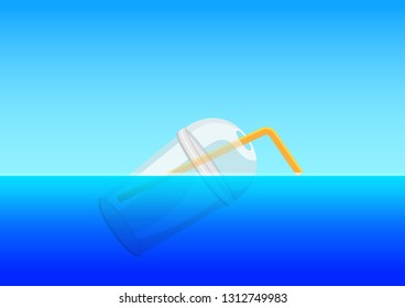 illustration plastic cup and straws float on the surface ocean sea or river concept environment pollution, trash garbage waste plastic underwater ocean, dangerous plastic waste in river environment